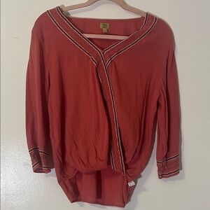 True Craft S Rust 3/4 Sleeve Top with Embroidered Trim